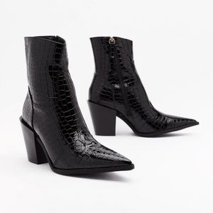 Truffle black faux leather snake print ankle boots
